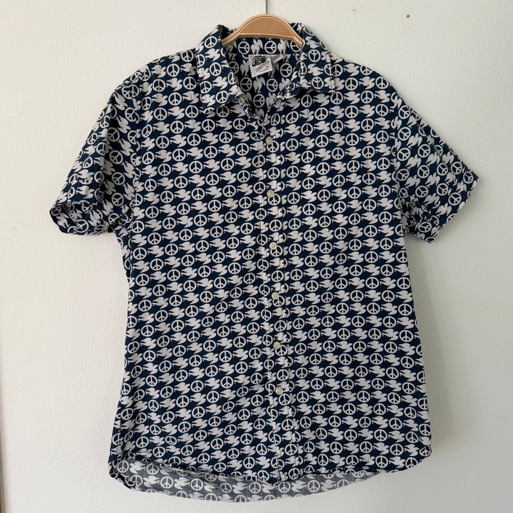 Kennington California Mens Peace Sign Dove Woodstock Cotton Button Down Shirt M